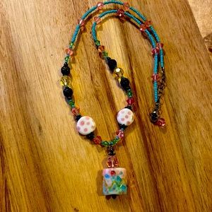 Multi-Colored Glass Bead Necklace Shabby Chic Pink Turquoise